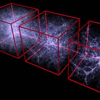 Simulation de la croissance de la structure cosmique (galaxies et vides) lorsque l’Univers avait 0,9 milliard d’années, puis 3,2 milliards et 13,7 milliards d’années (aujourd'hui). 