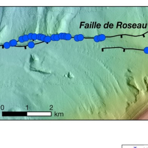 Carte de la faille de Roseau montrant la position des différents modèles de terrain tridimensionnels issus de la mission SUBSAINTES.