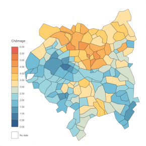 Comparaison entre les taux de vaccination des adultes en février 2022 (à gauche) et la part du chômage dans les revenus totaux des localités (à droite), dans la Métropole du Grand Paris.